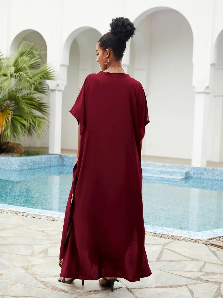 Caftano Donna Bohemia Stampato - Abito Maxi Lungo Copricostume Da Spiaggia, Pareo Con Scollo A V, Maniche A Pipistrello