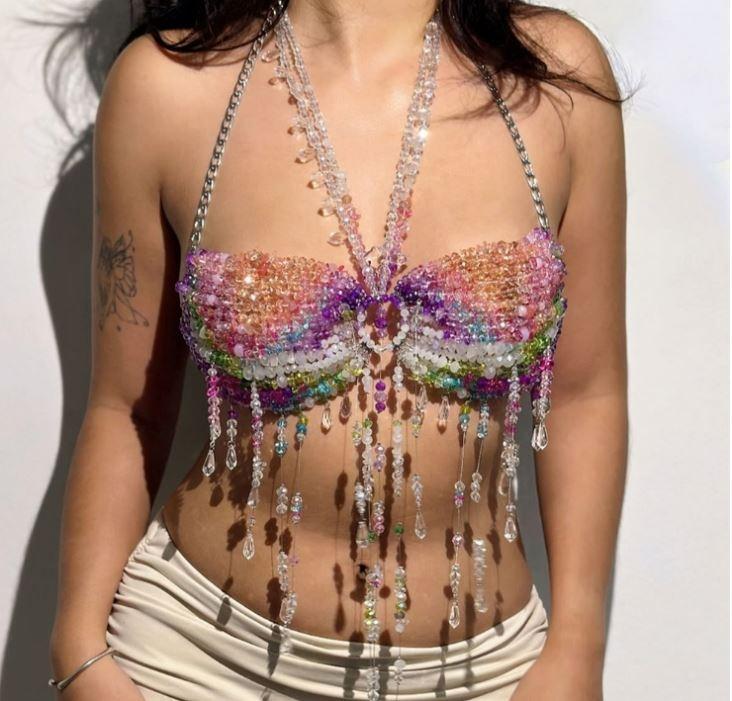 2025 Summer Luxury Clothing Party Club Bra Candy Color Beaded Top Bralette Body Chains