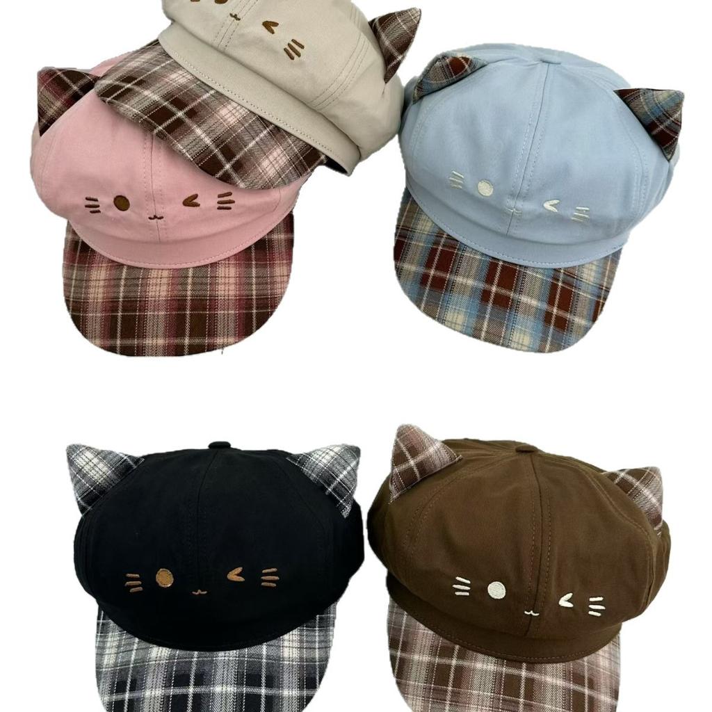 Cute Leopard Print Cat Ear Beret Women's Sunshade Sun Protection Retro Big Head Circumference Octagonal Hat Showing Face Small Painter Newsboy Hat
