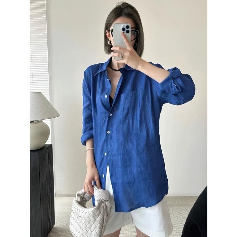 Camicia Oversize a Maniche Lunghe in Lino Donna Bianca Lunga Primavera Estate Lady Beach Casual Capispalla Camicetta