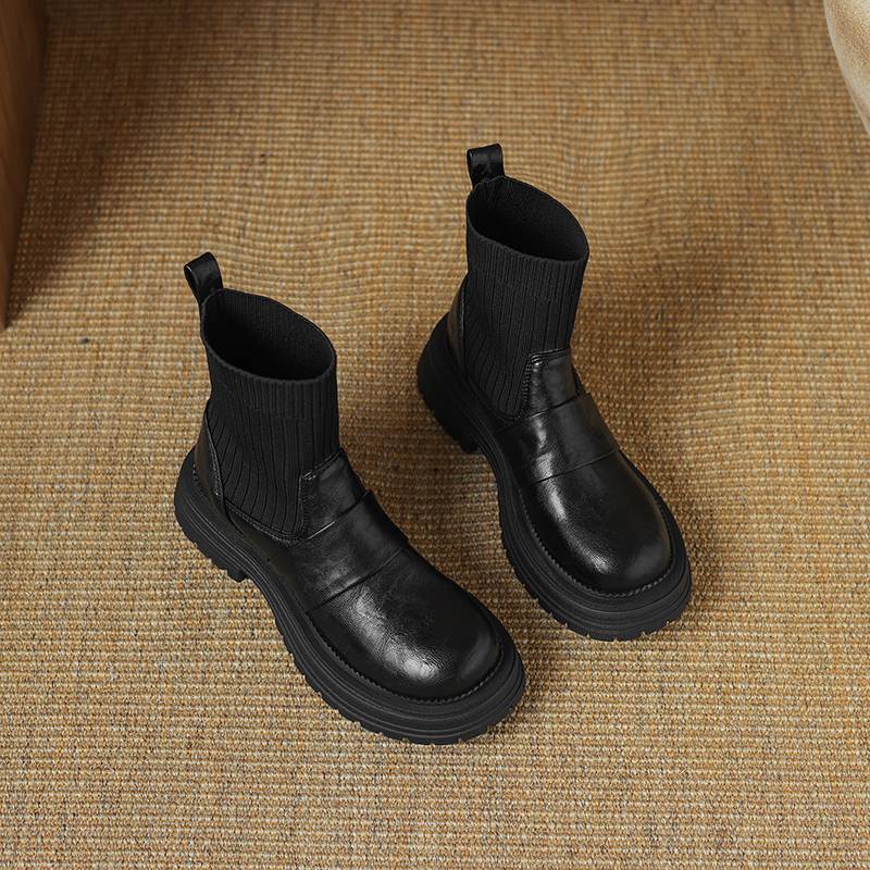 Krazing Pot Microfiber Autumn Winter Shoes Thick High Heels Flat Platform Size 43 Motorcycle Boots Knitwear Ankle Boots