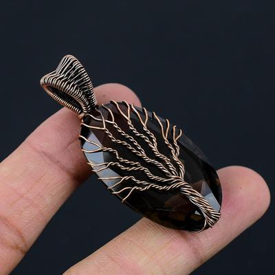 Arbre de vie topaze fumée pierre précieuse fil de cuivre pendentif bijoux pour femme