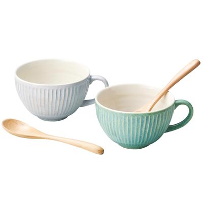 Aito Seisakusho [Ripple] Soup Cup Set of 2 Pair with Wooden Spoon Approx. 410ml BeigeGreen Mino Ware Dishwasher Microwave Safe 266349