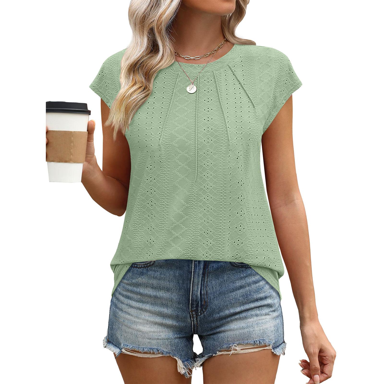 

Women’s Short Sleeve Crew Neck Eyelet Lace Blouse Casual Loose Fit Summer Top for Everyday Wear XXL