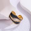 Stainless Steel Geometric Double-Layer Hollow Ring For Women  Irregular Black And White Enamel Ring With Adjustable Jewelry