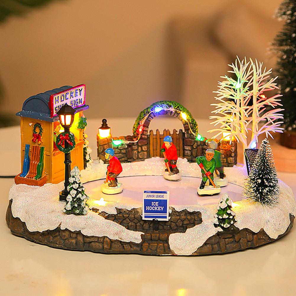 Christmas Village House Tabletop Decoration with Music and Skating Kids Village House Winter Ice Hockey LED Light Ornament