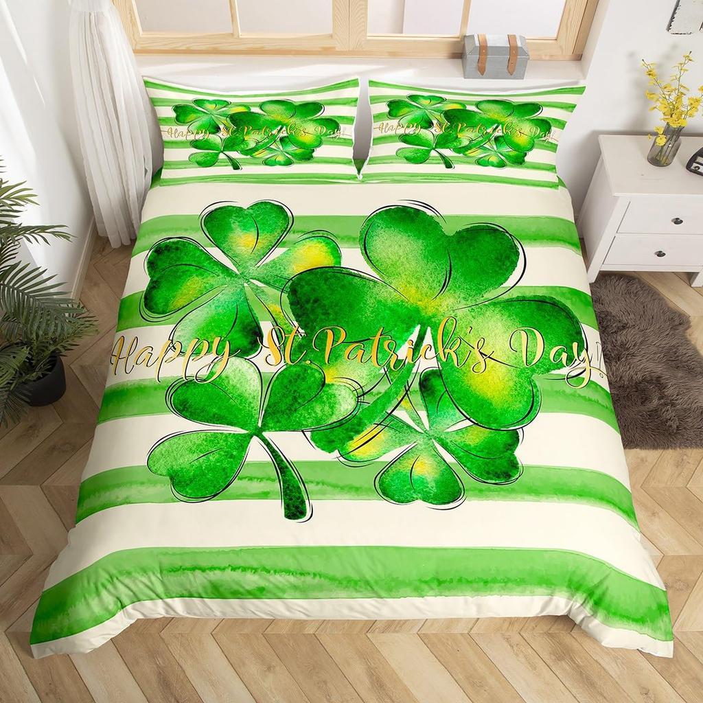 St. Patrick's Day Duvet Cover Queen Cartoon Green Clover Leaves Quilt Cover Holiday Spring Lucky Theme Bedding Set for Dorm Room