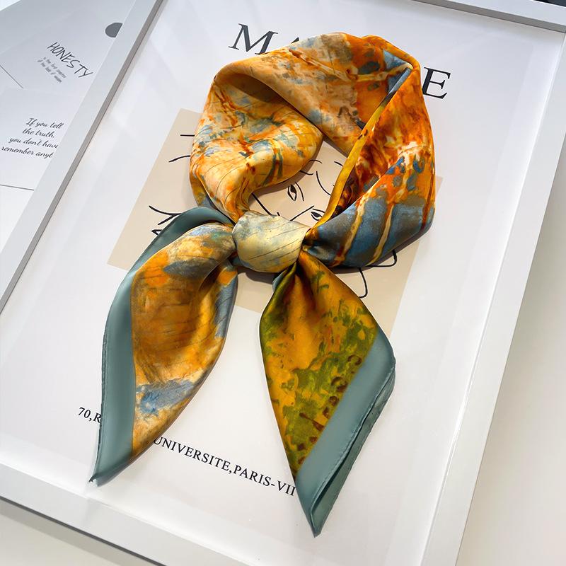 Women's 70x70 Oil Painting Square Scarf - Floral Design, Elegant Neck Accessory for All Seasons