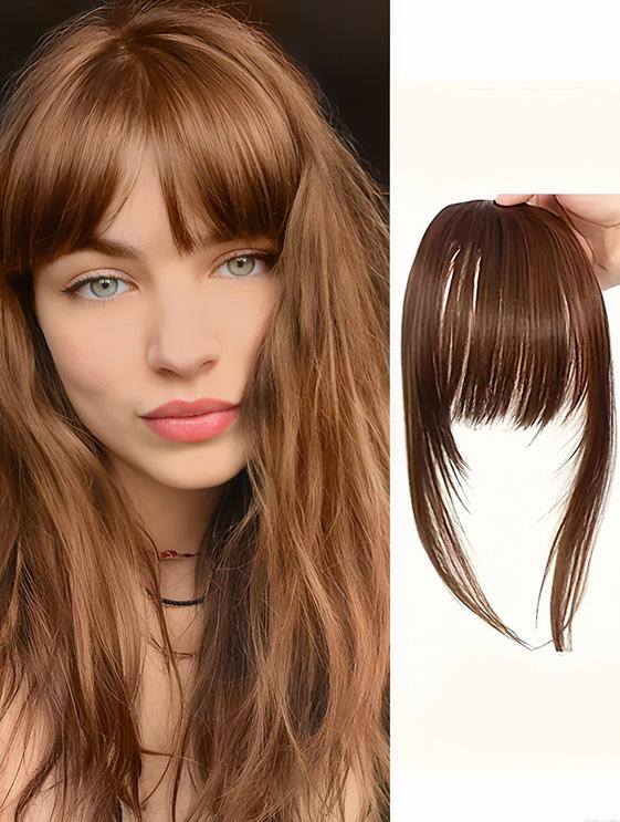 Frangia Sintetica Clip-In Taglio Sfilacciata con Basette Castano Scuro Aspetto Naturale per Donne Uso Quotidiano Festa