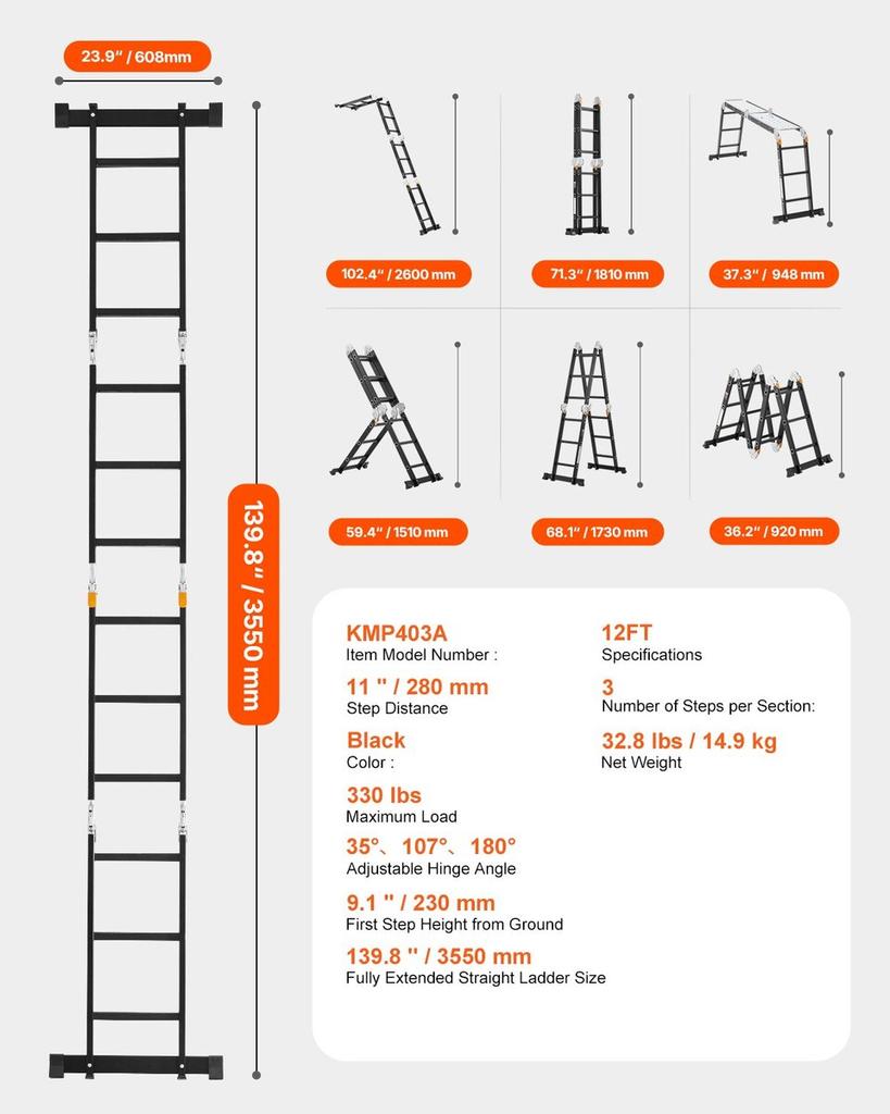 Multi-Purpose Folding Ladder 7-in-1 3 Step 12ft with Scaffolding Plank