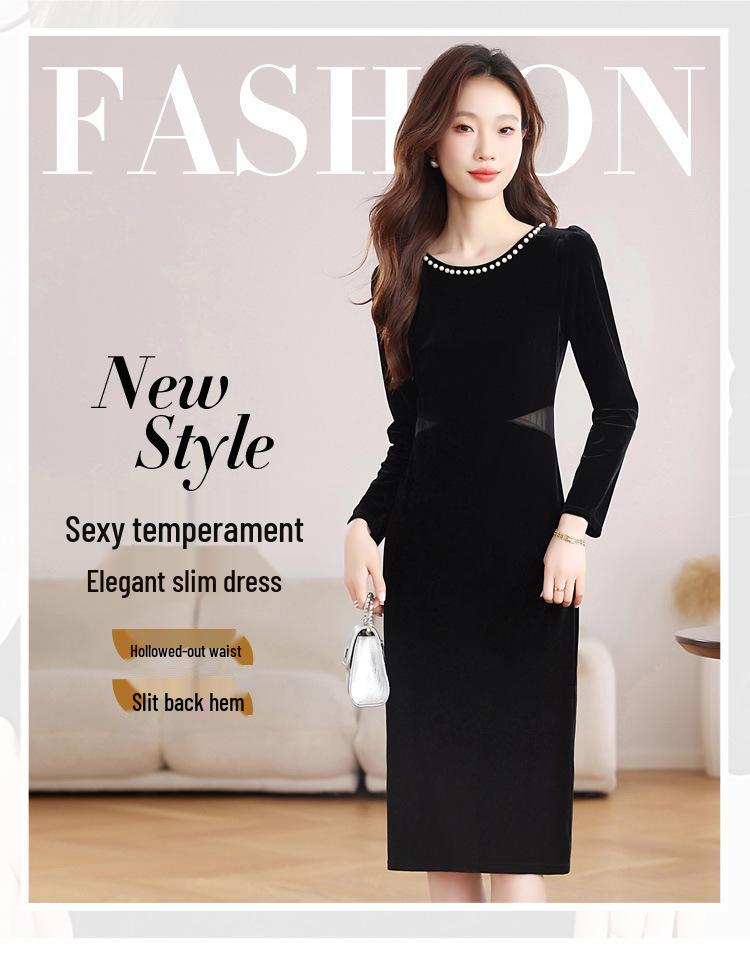 Velvet Hepburn Style Slim Black Formal Dress - Elegant Autumn/Winter Women's Long Dress