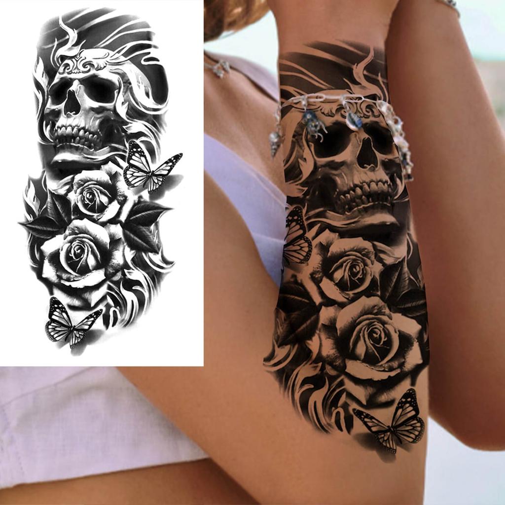 1 Blatt Temporäre Skelett-Tattoos für Damen Herren Fake Death Totenkopf Blume Tattoo Aufkleber Körperkunst Zeichnung Arm Unterarm Taille Rücken
