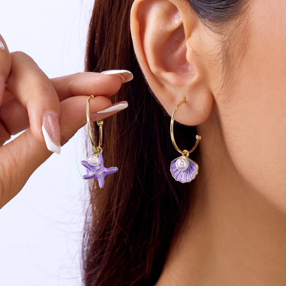 Sweet Temperament Colorful Oil-dripping Shell Starfish Pearl Dangle Earrings for Women Summer Beach Cute Jewelry Accessory Gift