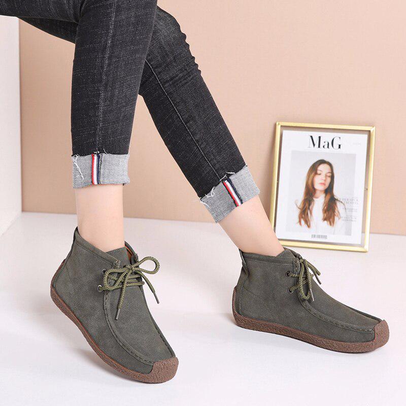 Women Cow Suede Leather Boots Warm Comfort Soft Flat Shoes Lace Up Ladies Martin Short Boots