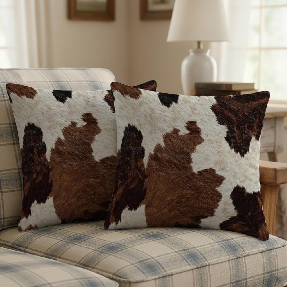 Western Throw Pillow Covers 18x18,Rustic Cow Print Pillows,Western Room Decor Brown Throw Pillows Covers for Counch Sofa Living Room