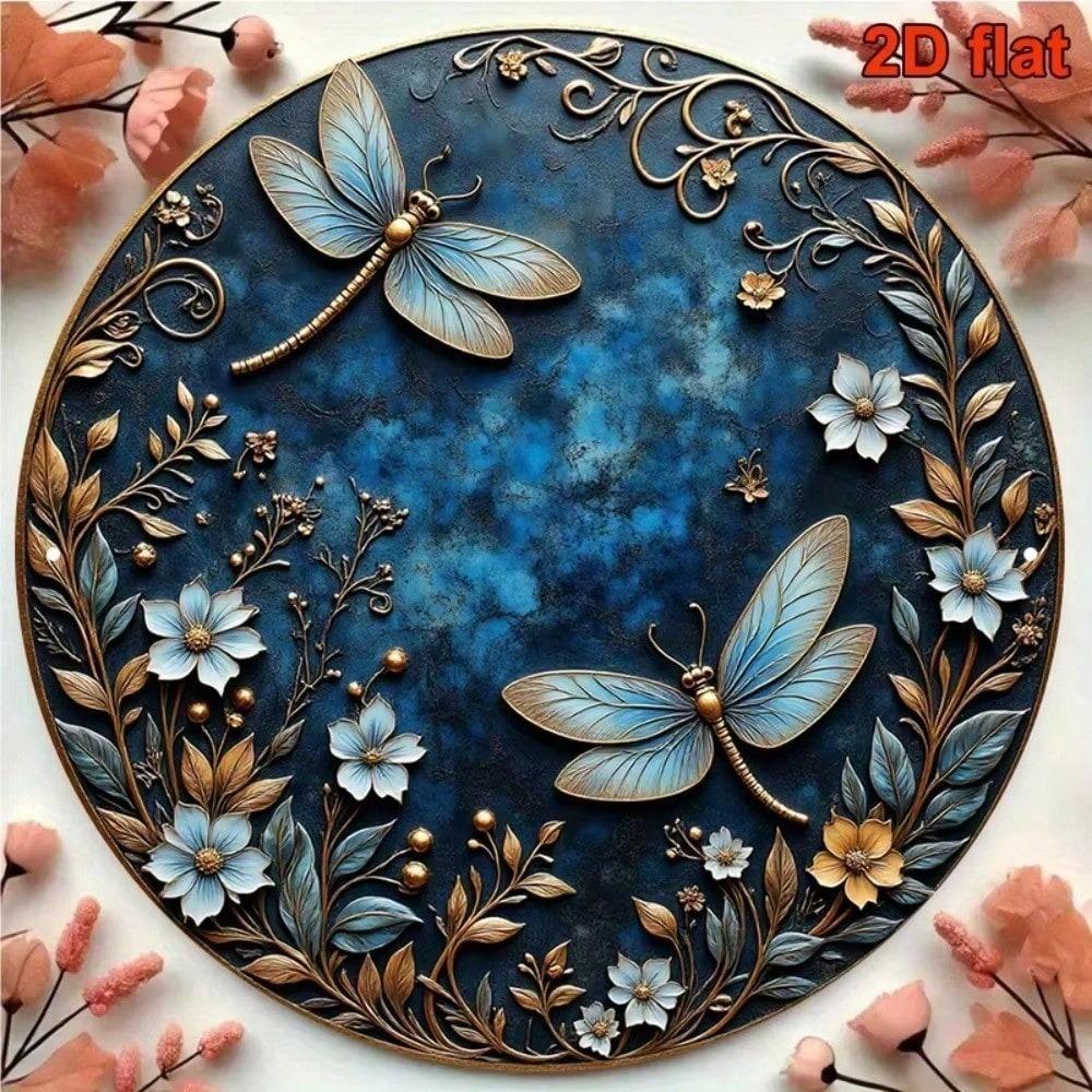Vintage Gold Dragonfly Floral Metal Wall Art 8 Inch Retro Blue Aluminum Sign Living Room Bedroom Decor