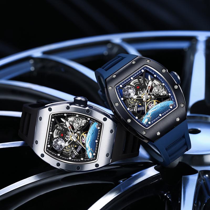 2026 Luxury Automatic Skeleton Men's Watch Montre Homme Automatique Vogue Blue Dial Silicone Strap Fashion Mechanical Watches