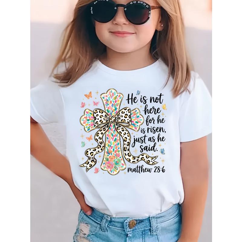 European sizes Leopard Print Bow Novelty Trendy Versatile T-Shirt, Summer Girls Short Sleeve Top 98cm белый