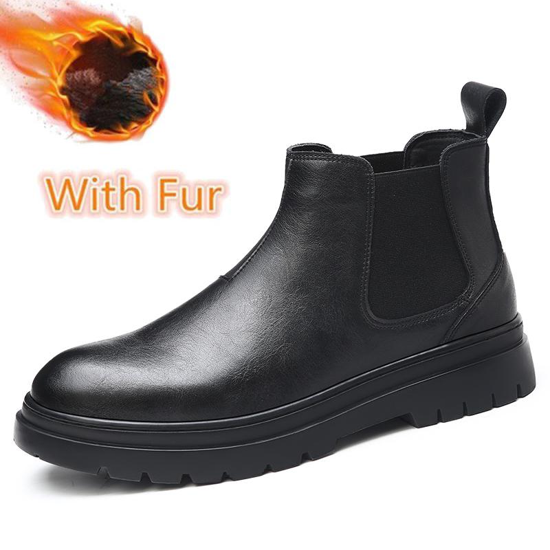 Fashion Slip on High Top Men Shoes British Style Formal Chelsea Boots Winter Warm Plush Fur Business Boots for Men Handmade Male Botas