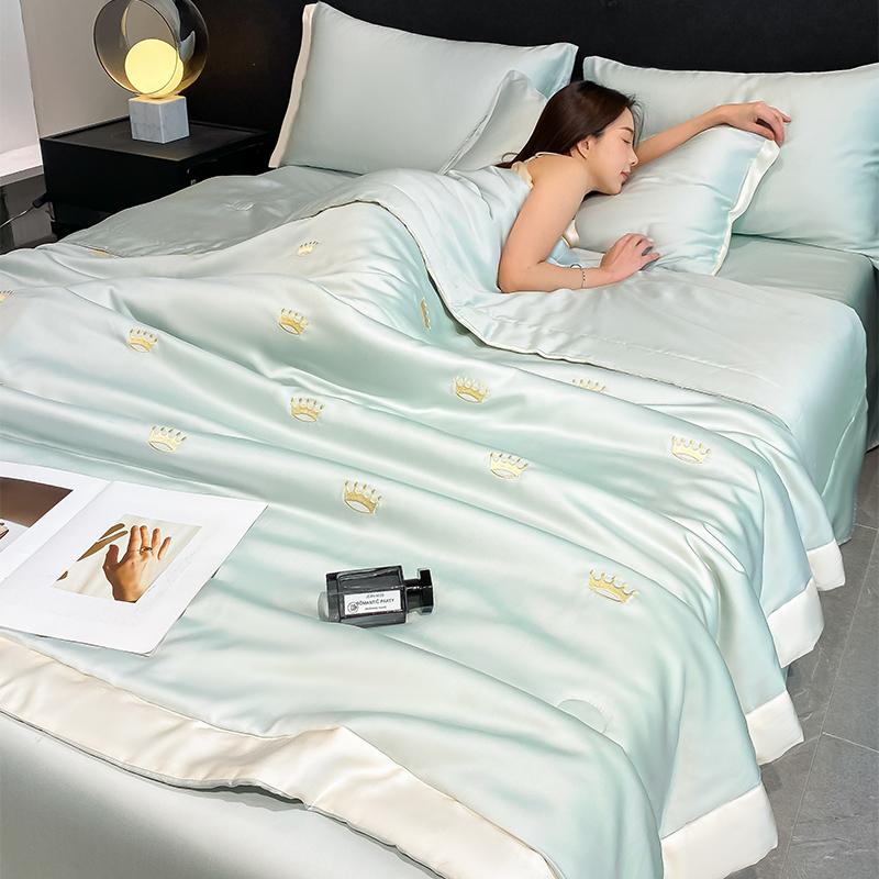 Luxury Embroidered Spring Summer Blanket 4 Pcs Set or 3 Pcs Set or 1 Pcs High-end Breathable Ice Silk Comforter Summer Quilt
