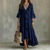 Women's Retro Color V-Neck Three-Quarter Bell Sleeve Ruffle Trim Loose Fit Dress