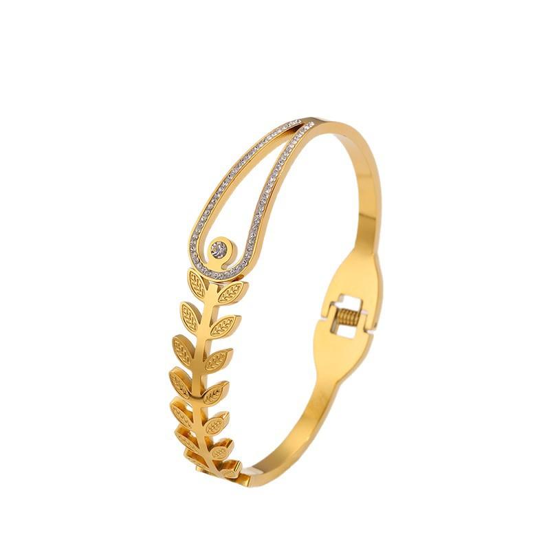 Stainless Steel Jewelry Vacuum Electroplated Wheat Ear Titanium Steel Bracelet for Women, European and American Fashion Spring Clasp Leaf Bracelet