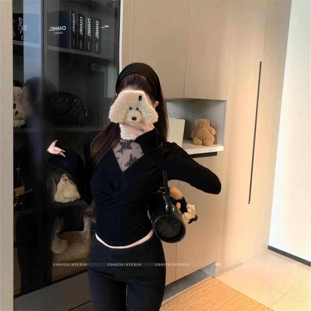 Women's Slimming French Lace Knot V-Neck Long-Sleeve Top for Fall/Winter