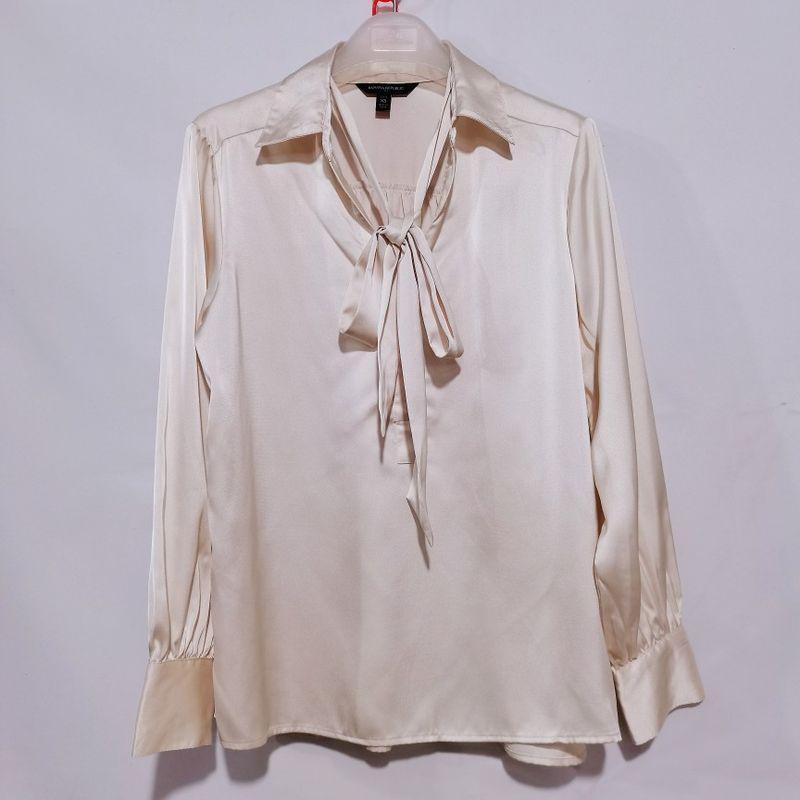 

Export Fashion Original Single Cut Label Peter Pan Collar Long Sleeves Shirt Women s Acetate Silks and Satins Basic Style Business Shirt Base Milk white pullover ribbon XS