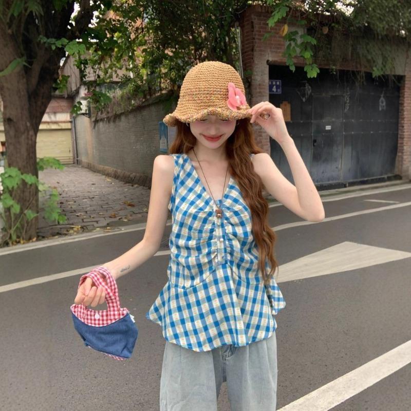 

Korean Style Sweet Contrasting Plaid Sleeveless Vest for Women Summer Vacation Style Ruffled Pleated Age-reducing Top S синий