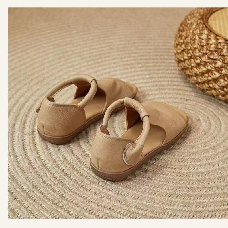 Women's Retro Handmade Flat Sandals, Open Toe with Adjustable Hook and Loop, Comfortable Casual Daily Footwear