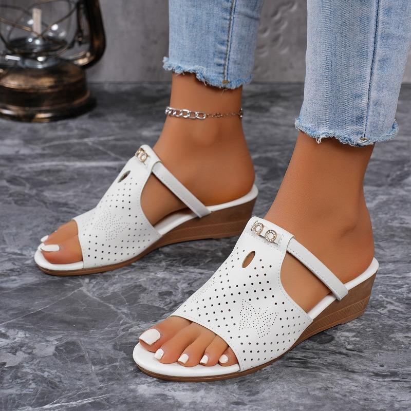 Wedge heel slippers women's summer new hollow flat bottom one-word cool slippers beach women's casual cool slippers