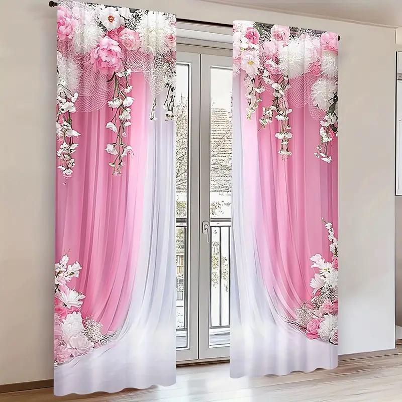 2 Stück - Rosa floral - Bedruckte Vorhänge, geeignet für Heimdekoration in Schlafzimmern und Wohnzimmern
