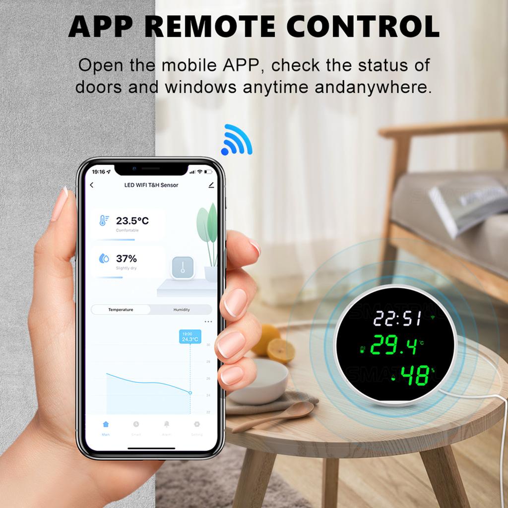 WiFi Thermometer Hygrometer High Accuracy Voice Control Smart Temperature Humidity Sensor with LED for Homes Office