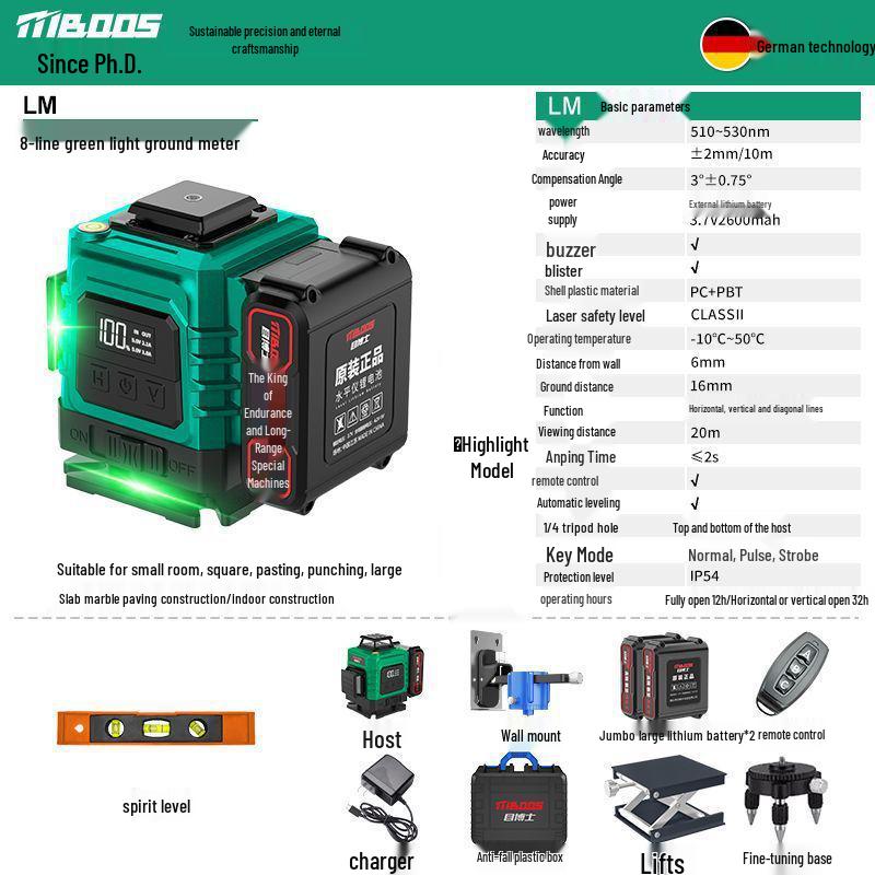 Green Light Outdoor Infrared Laser Level with Automatic Wall & Floor Alignment