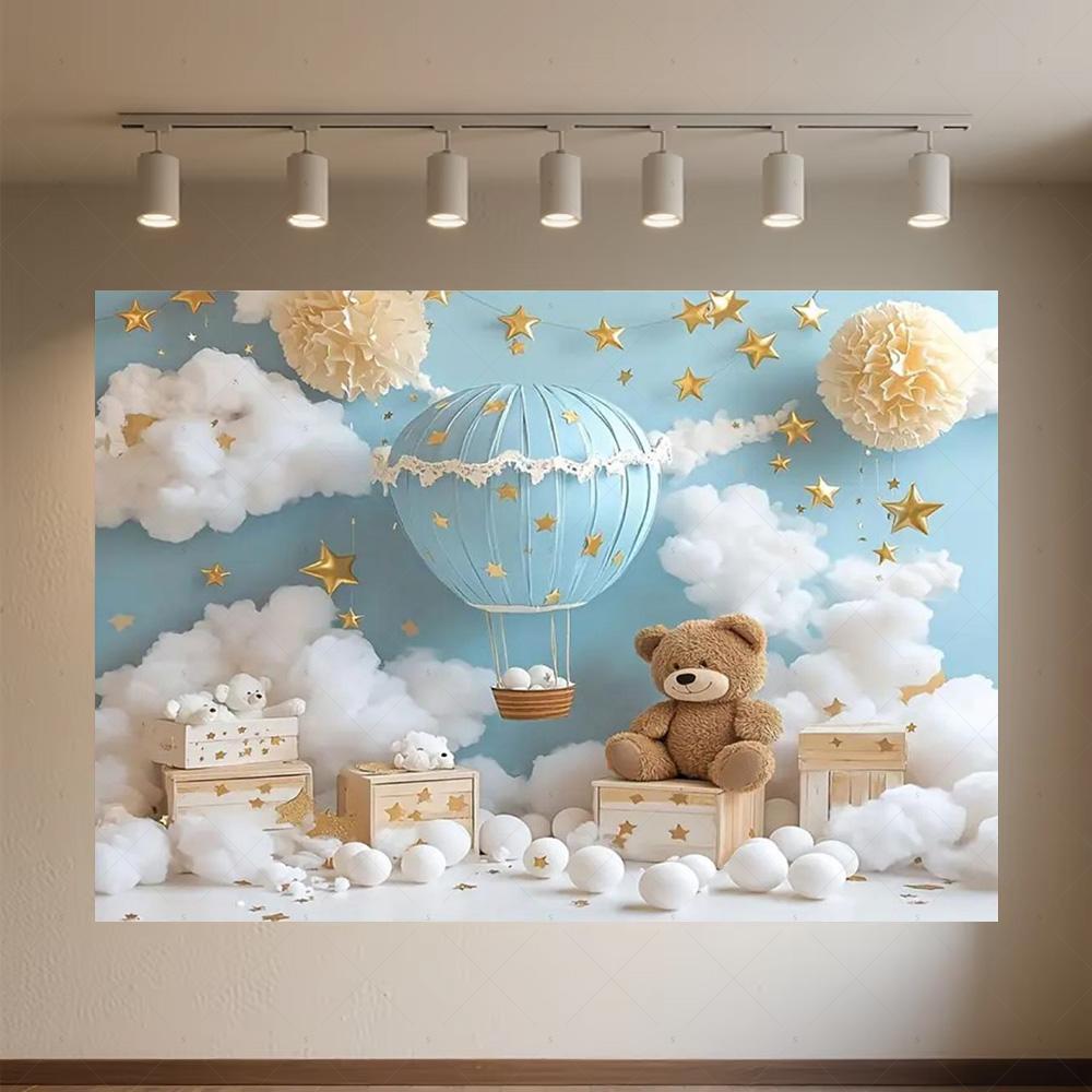 Cartoon Hot Air Balloon Teddy Bear Photography Backdrop Kids Birthday Party Decor Baby Shower Supplies Newborn Photo Shoot Prop