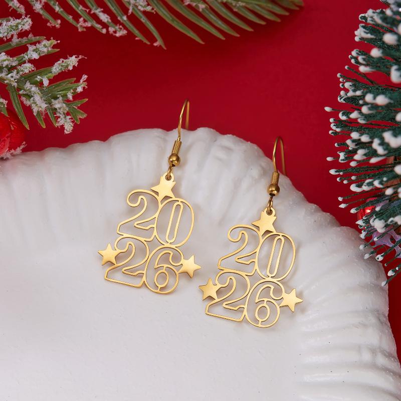 Minimalist Stainless Steel Number 2026 Pendant Drop Earrings For Women Men Gold Color Star Heart Earring New Year Jewelry Gift