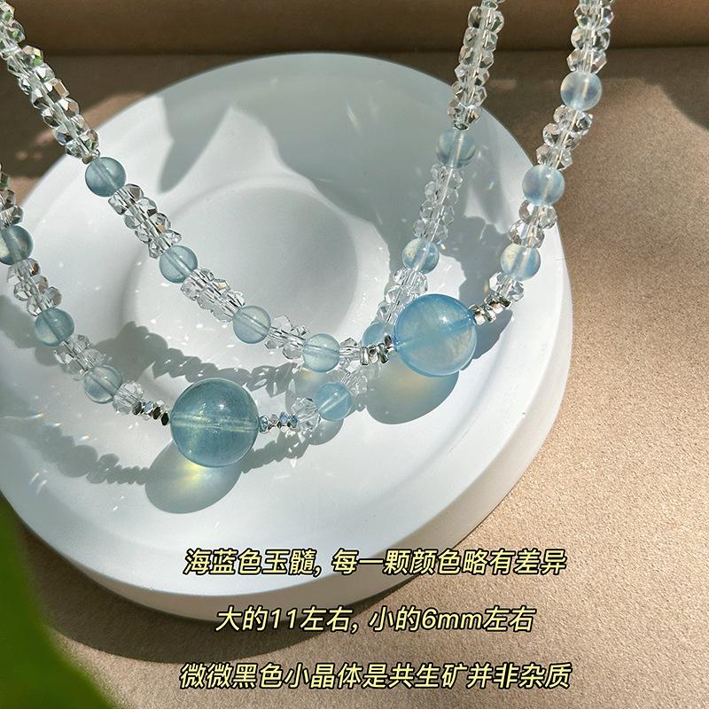 Bee Mom Handmade Large Sea Blue Agate White Crystal Necklace for Women, High-end Light Luxury Elegant Collarbone Chain for Summer