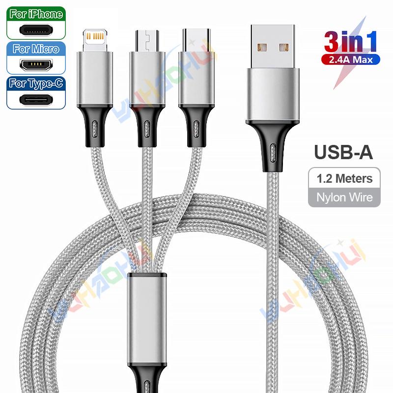 2.4A Max 3 w 1 kabel USB szybkie ładowanie kabel błyskawicy do iPhone'a typu C kabel do ładowania telefonu komórkowego do Xiaomi Samsung USB Micro