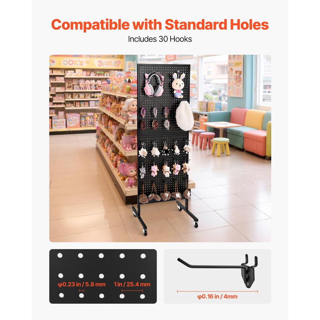SucceBuy Standing Pegboard Display 23.6 X 63 In W/ Swivel Casters and 30 Hooks Thickened Cold-Rolled Steel Peg Board Panel Black