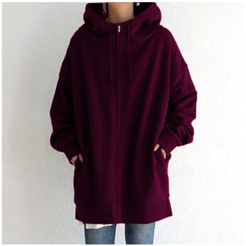 Autumn and Winter New Personality Street Zipper Hooded Long Plus Velvet Sweater