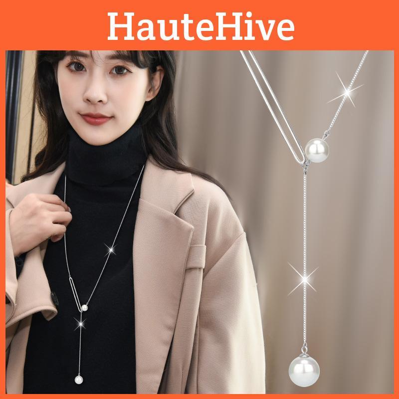 Elegant Long Womens Sweater Necklace With Pearl Tassels And Geometric Design