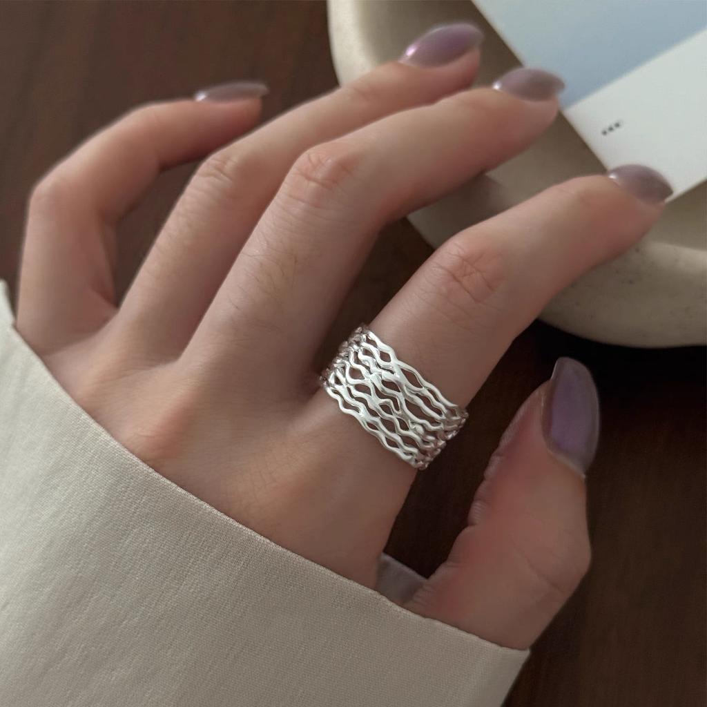 925 Sterling Silver Rings For Women Geometric Fine Jewelry Finger Adjustable Wide Interlines Ring For Party Birthday Gift