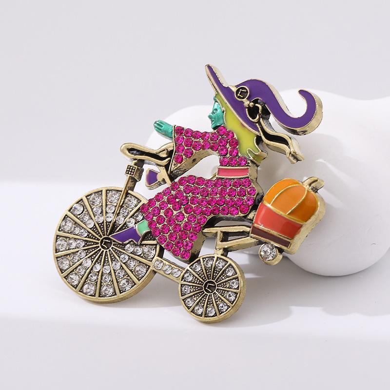 Модная брошь «Велосипедная ведьма» с бриллиантами, капающими маслом, творческая личность, ниша, мультяшные аксессуары