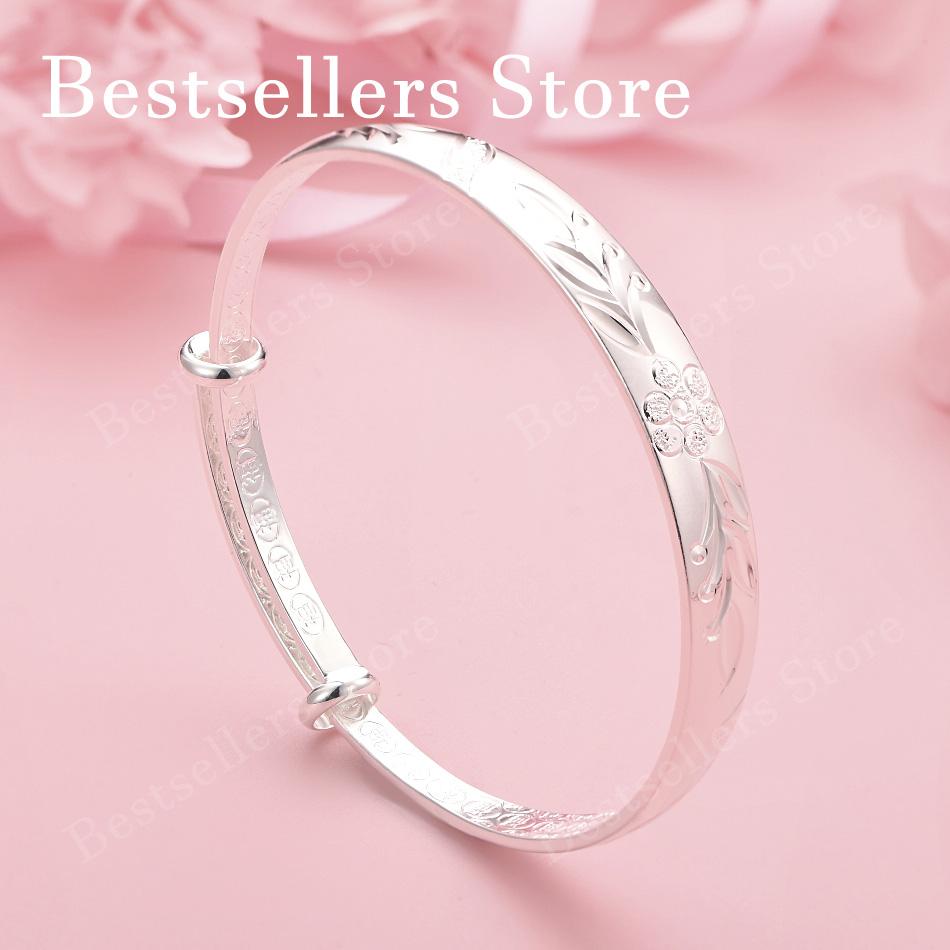 Charming 925 Sterling Silver Exquisite Floral Pattern Bangle for Women, Fashionable Wedding Party Jewelry