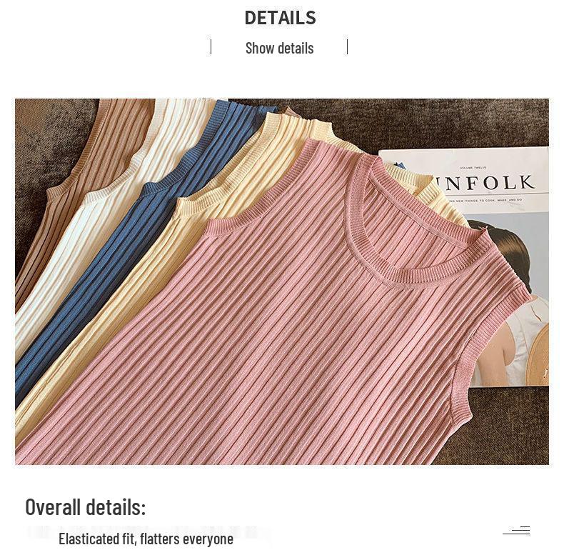 Ice Silk Korean-Style Sleeveless Camisole Tank for Women – Summer Knitted Round Neck Versatile Base Shirt