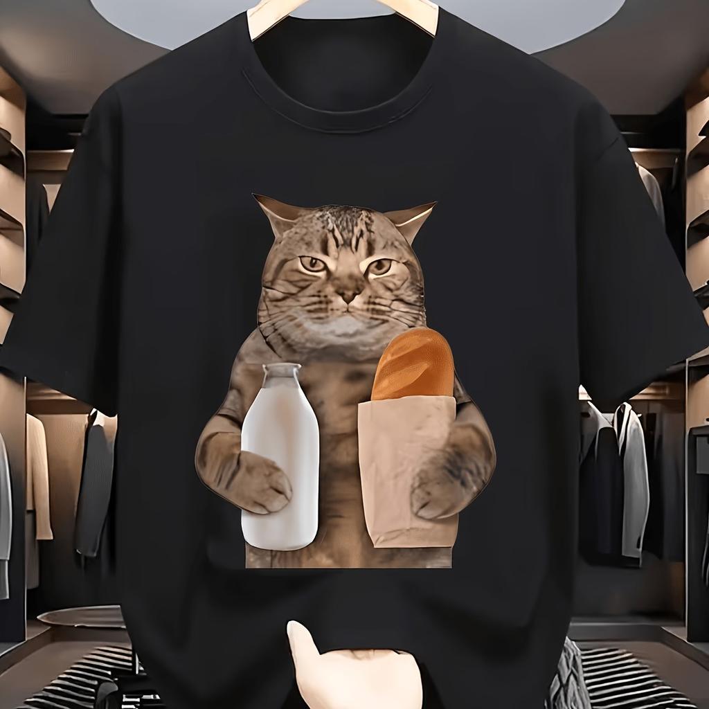 Fun Shopping Cat Pattern T-shirt Summer Unisex Loose and Breathable Cotton T-shirt Top
