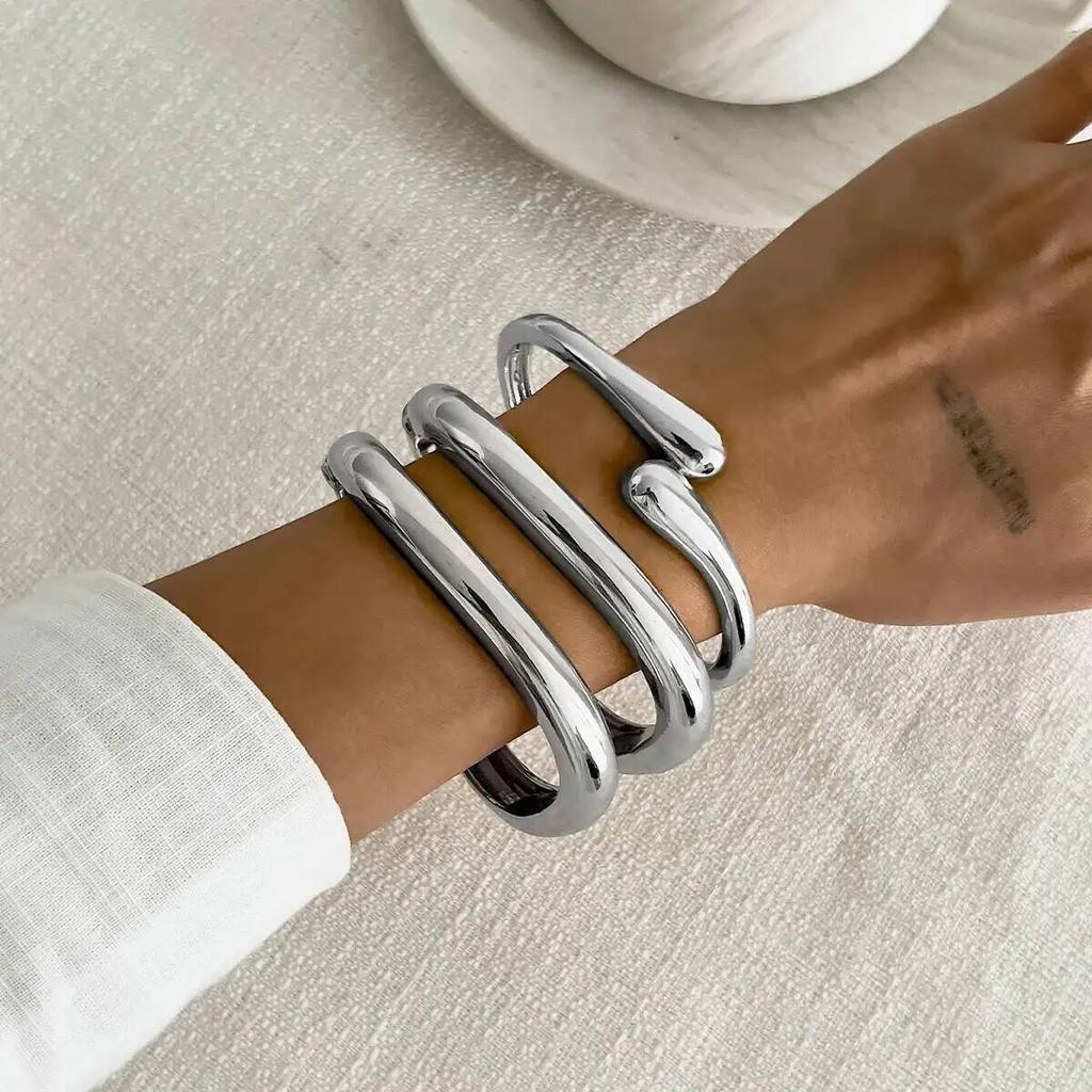 Salircon 3 Styles Vintage Hip Hop Glossy Water Drop Cuff Bangles for Women Punk Gold Color Geometric Spring Bracelet Men Jewelry