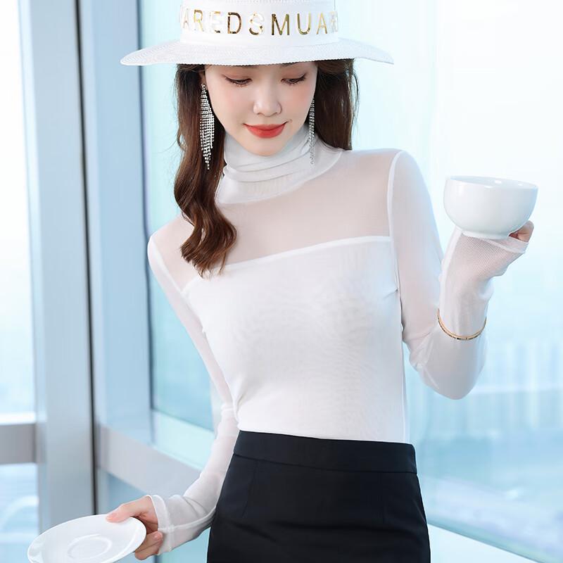 Women's Semi-High Neck Mesh Lace Long Sleeve Top
