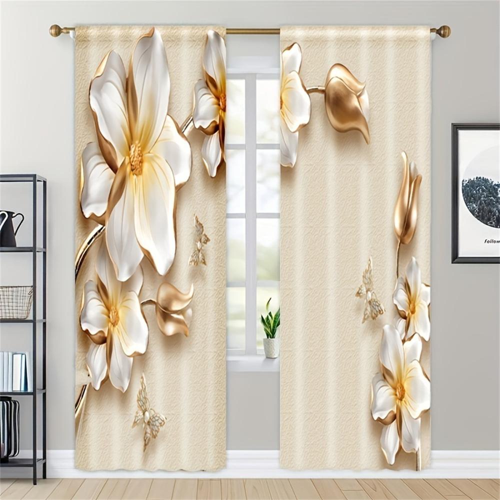 2Pcs Luxury Pearl Gold Flower Diamond Rose Window Treatment Curtains Blinds For Living Room Kids Bedroom Kitchen Door Home Decor