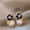 Luxury Black Rose Flower & Pearl Stud Earrings For Women, Elegant Winter Ear Jewelry With Full Rhinestones